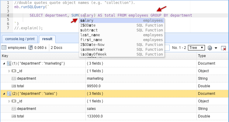 Query MongoDB with SQL Result Tab